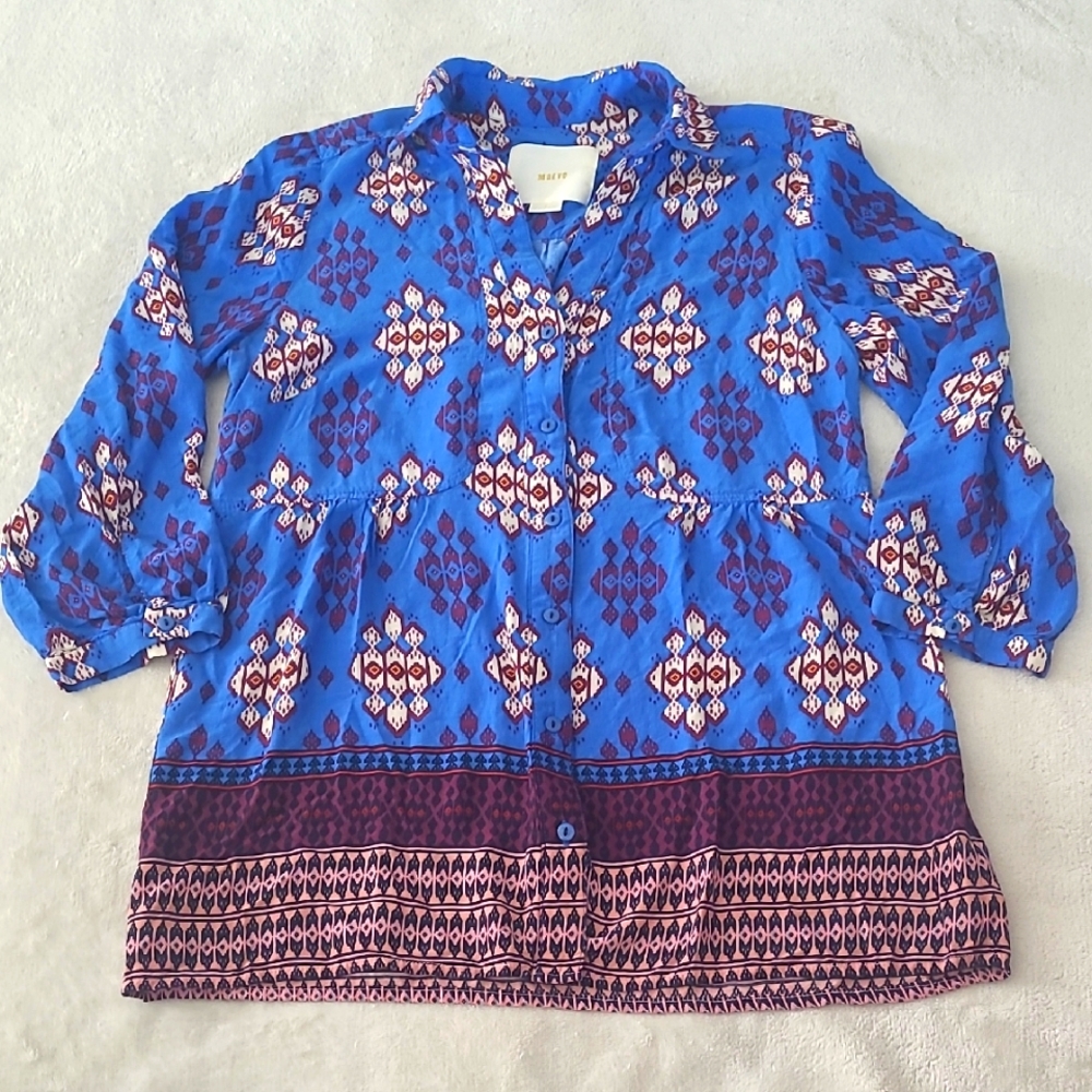 Maeve Anthropologie Womens Boho Blouse Blue Print Button-Down Peasant Top Size 6